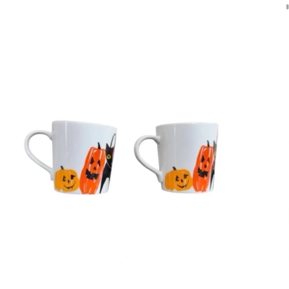Crate & Barrel Halloween Mug Set Black Cat Pumpkin Demitasse Espresso Cups